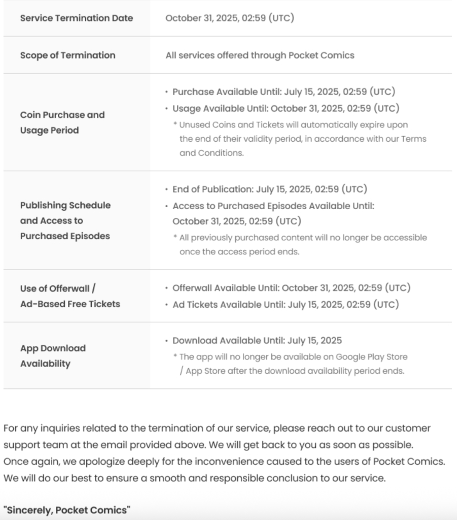 pocket comics service termination